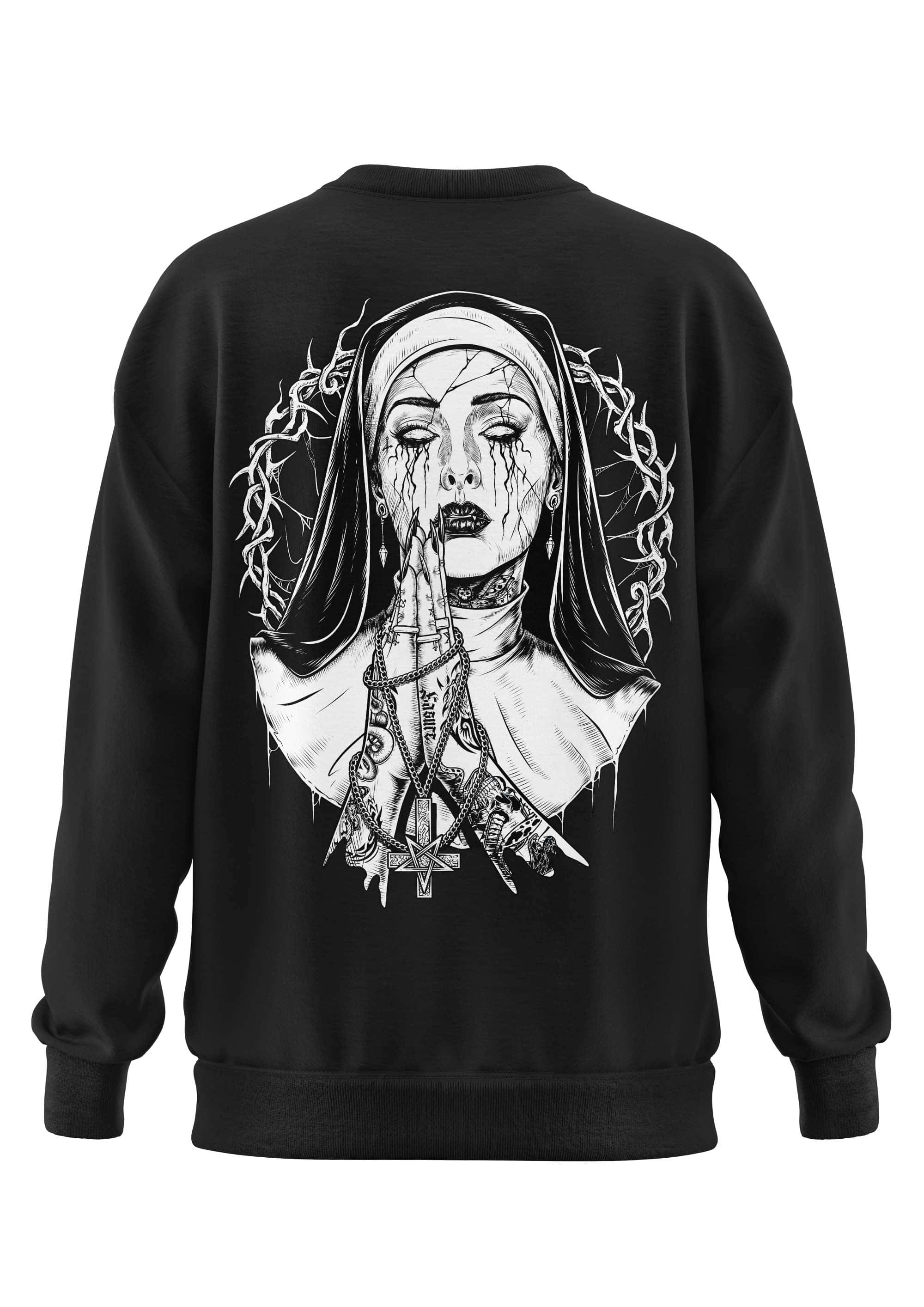 Schweres unisex sweatshirt aus recyceltem polyester mit strapazierfähigem stoff und gothischem nonnenmotiv in schwarz weiß